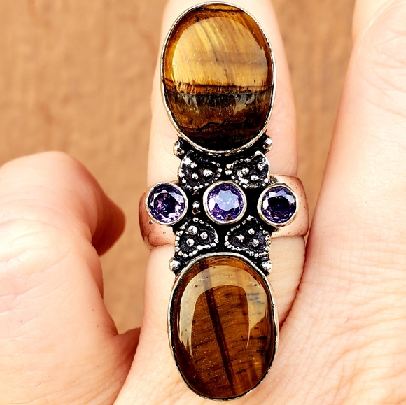New Stunning Oversized Tiger Eye and Amethyst 925 Silver Statement Ring. - Picture 16 of 16